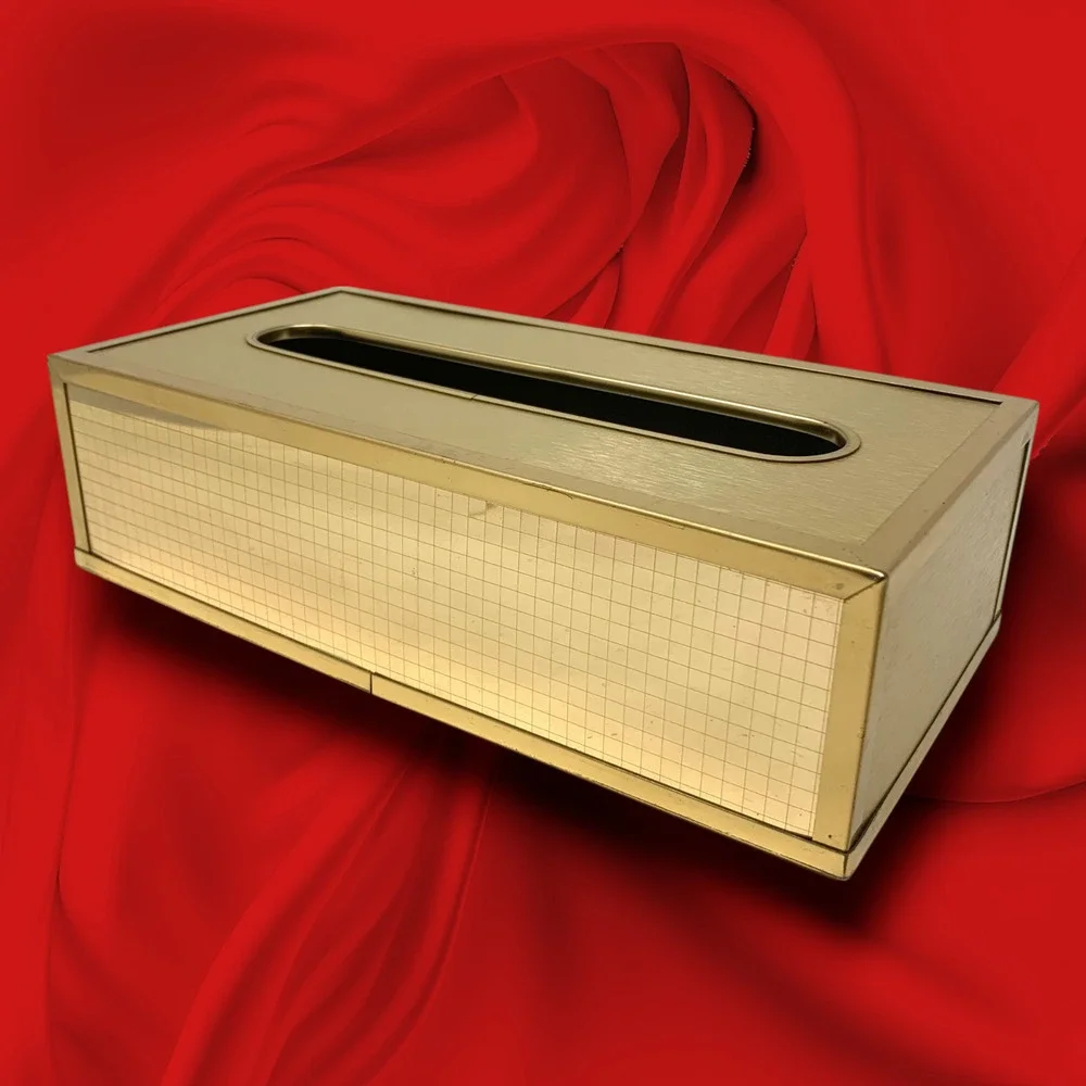 Vintage 1980's Gold Tone Modernist Grid Rectangular Tissue Box Cover Minimalist